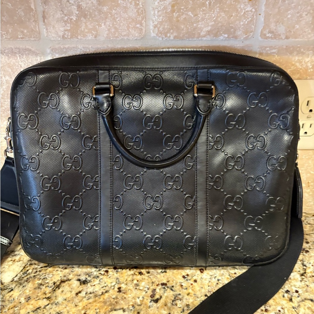 Gucci Black Embossed Leather Briefcase